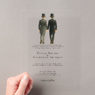 Invitaciones Acrílicas Elegante boda gay Dos novios con trajes de mañana