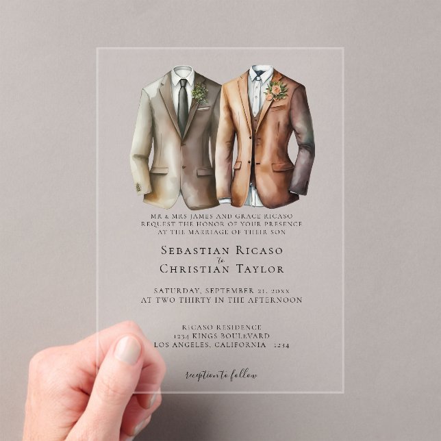 Invitaciones Acrílicas Elegante Boda gay, dos novios en traje (Insitu (portátil))