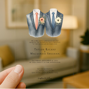 Invitaciones Acrílicas Elegante Boda gay, dos novios en traje
