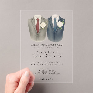 Invitaciones Acrílicas Elegante Boda gay, dos novios en traje