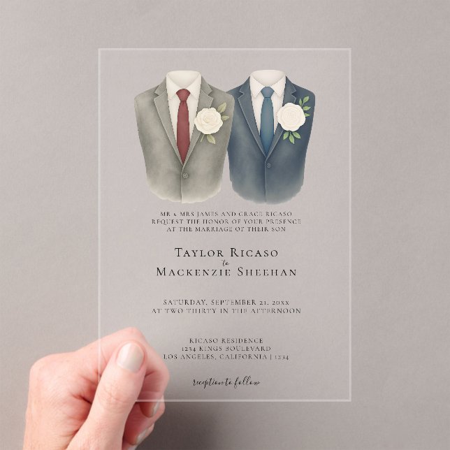 Invitaciones Acrílicas Elegante Boda gay, dos novios en traje (Insitu (portátil))
