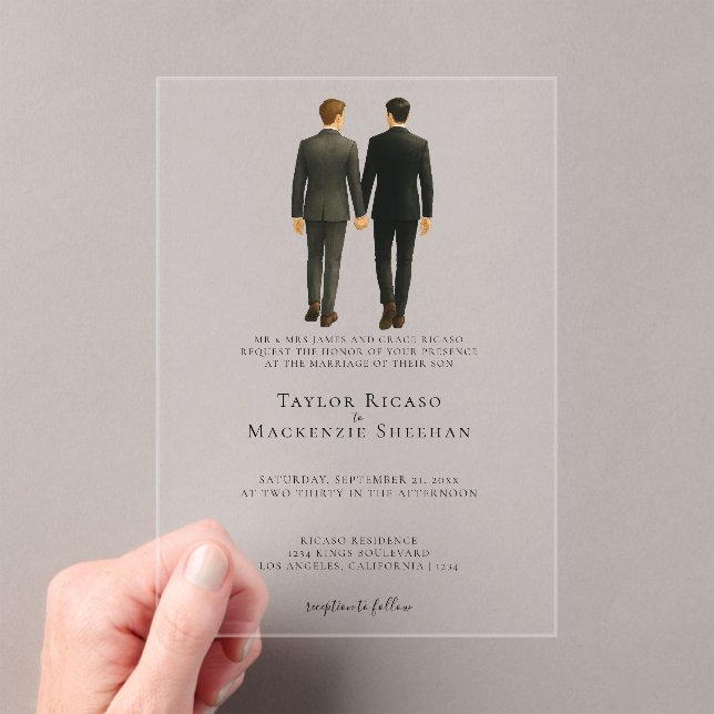 Invitaciones Acrílicas Elegante Boda gay, dos novios en traje (Insitu (portátil))