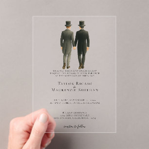 Invitaciones Acrílicas Elegante Boda gay, dos novios en traje matutino