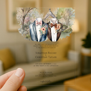 Invitaciones Acrílicas Elegante boda gay en el jardín Dos novios con traj