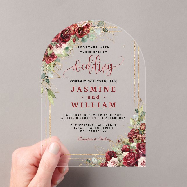 Invitaciones Acrílicas Elegante boda Geométrico Rubor Gold Red Borgoña (Insitu (portátil))