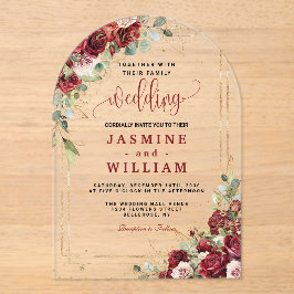 Invitaciones Acrílicas Elegante boda Geométrico Rubor Gold Red Borgoña