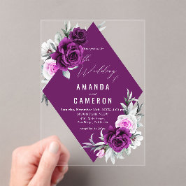 Invitaciones Acrílicas Elegante Boda Geométrico Rústico Morado Rubor