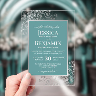 Invitaciones Acrílicas Elegante Boda Glam con Texto Estiloso en Verde Tur
