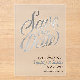 Invitaciones Acrílicas Elegante Boda Guardar la fecha Plata Texto Frotado