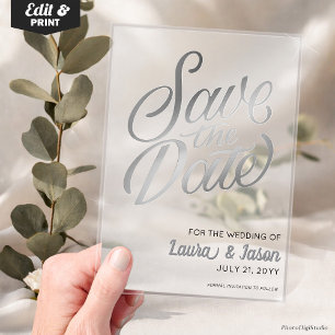 Invitaciones Acrílicas Elegante Boda Guardar la fecha Plata Texto Frotado