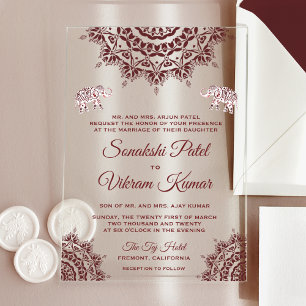 Invitaciones Acrílicas Elegante Boda India Henna Burgundy