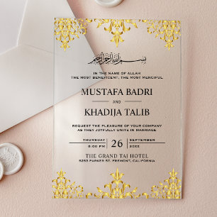Invitaciones Acrílicas Elegante Boda Islámica con Hoja de Oro Damask