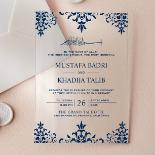 Invitaciones Acrílicas Elegante Boda Islámica en Azul Marino Damasco