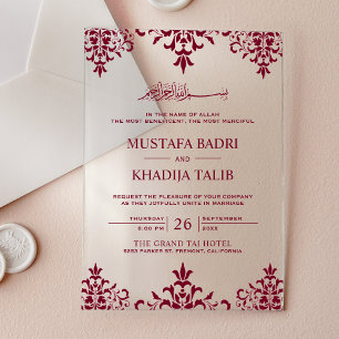 Invitaciones Acrílicas Elegante boda islámica en damasco de Borgoña