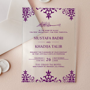 Invitaciones Acrílicas Elegante Boda Islámica en Damasco Púrpura