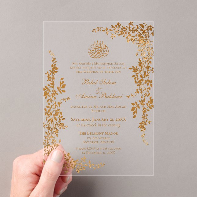 Invitaciones Acrílicas Elegante Boda islámico de la hoja de oro (Insitu (portátil))