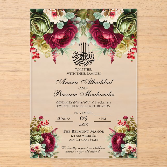 Invitaciones Acrílicas Elegante Boda islámico de Rosas florales de Borgoñ (Anverso)