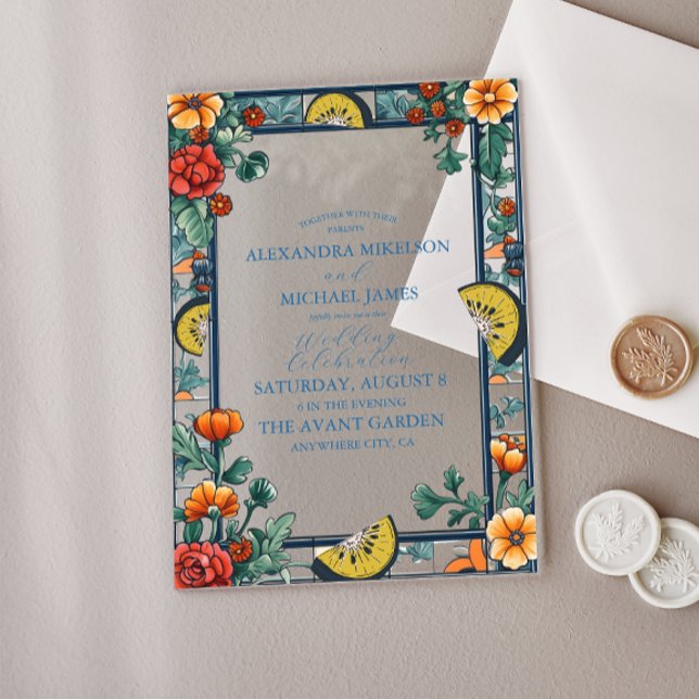 Invitaciones Acrílicas Elegante boda mediterráneo botánico limón azul (Subido por el creador)
