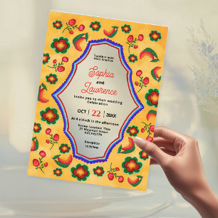 Invitaciones Acrílicas Elegante boda mexicana vibrante amarillo azul