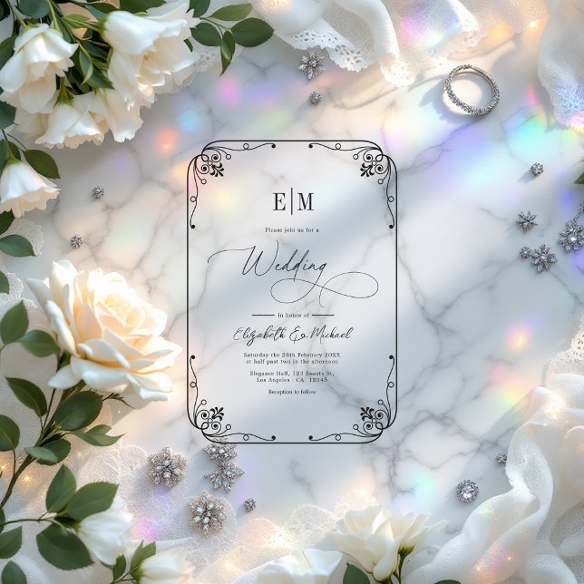 Invitaciones Acrílicas Elegante Boda Minimalista Monograma (Elegant Black Floral Minimalist Wedding Acrylic Invitation)