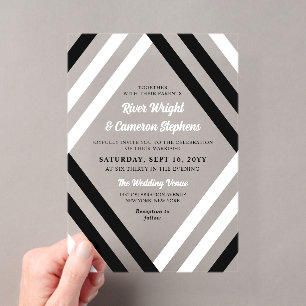 Invitaciones Acrílicas Elegante Boda Moderna de Rayas de Diamante en Blan