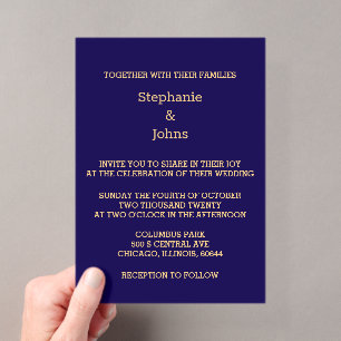 Invitaciones Acrílicas Elegante Boda Moderna Fría Azul Marino Oro Script
