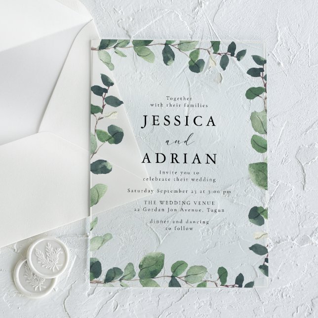 Invitaciones Acrílicas Elegante Boda moderno de borde de hoja verde (Subido por el creador)