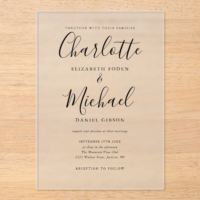 Invitaciones Acrílicas Elegante Boda moderno de escritura de firma negra (Anverso)