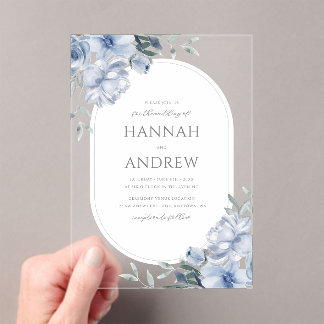 Invitaciones Acrílicas Elegante Boda moderno de flores azules