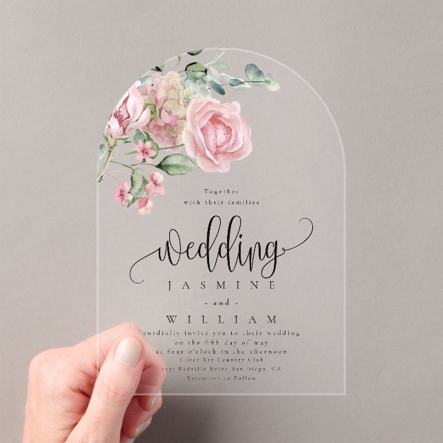 Invitaciones Acrílicas Elegante Boda moderno de flores rosadas y turbias (Insitu (portátil))