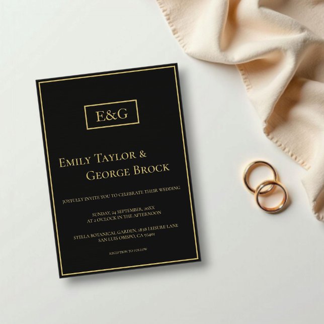 Invitaciones Acrílicas Elegante Boda Moderno De Monograma Negro Y Oro (Subido por el creador)