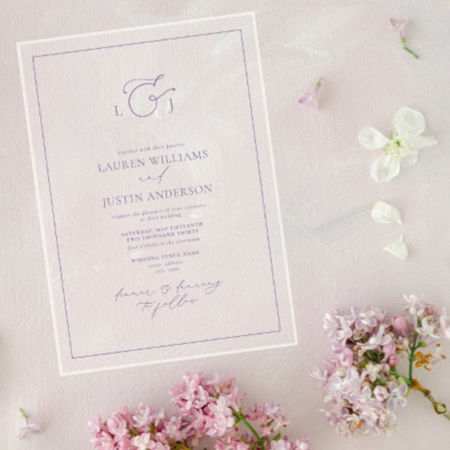 Invitaciones Acrílicas Elegante Boda Monograma de caligrafía de lavanda (Subido por el creador)