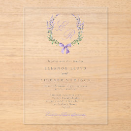 Invitaciones Acrílicas Elegante Boda Monograma de Lavanda Wreath & Bow