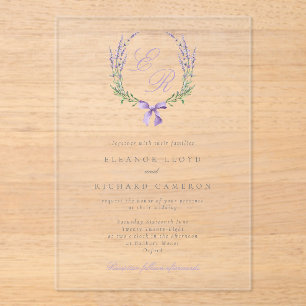 Invitaciones Acrílicas Elegante Boda Monograma de Lavanda Wreath & Bow