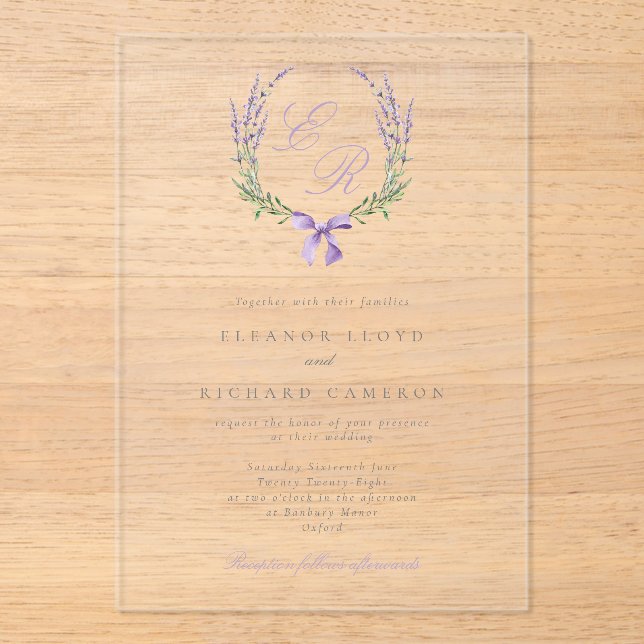 Invitaciones Acrílicas Elegante Boda Monograma de Lavanda Wreath & Bow (Anverso)