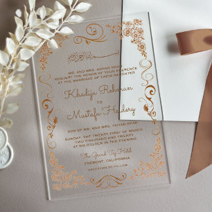 Invitaciones Acrílicas Elegante Boda Musulmana con Borde Marrón
