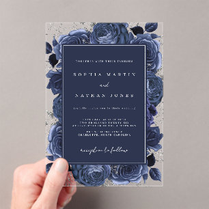 Invitaciones Acrílicas Elegante Boda Navy Plata Rosa Claro