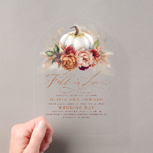 Invitaciones Acrílicas Elegante Boda Otoño Flores de Calabaza Enamorarse