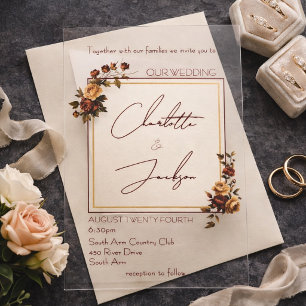 Invitaciones Acrílicas Elegante Boda Romántica de Otoño con Rosa Oxidada