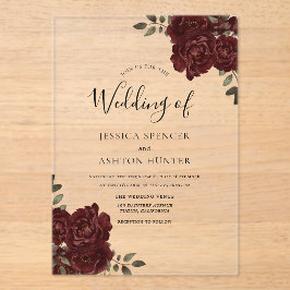 Invitaciones Acrílicas Elegante Boda Romántico de la Rosa Roja de Borgoña