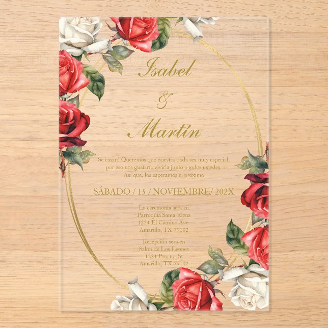 Invitaciones Acrílicas Elegante Boda Rosa Blanca y Roja Español (Anverso)