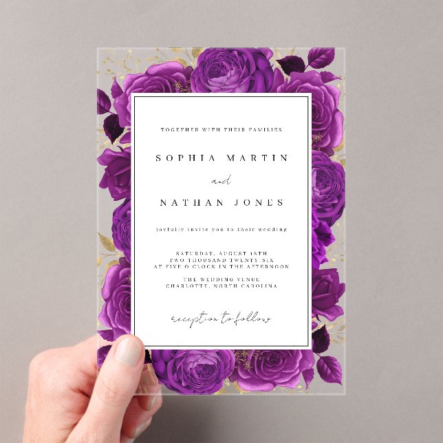 Invitaciones Acrílicas Elegante Boda Rosa Púrpura Y Oro Claro (Insitu (portátil))