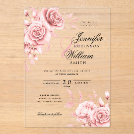 Invitaciones Acrílicas Elegante Boda Rosa Rubor Gold Floral