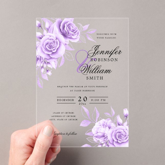 Invitaciones Acrílicas Elegante Boda Rosas Púrpura Tema Floral (Insitu (portátil))