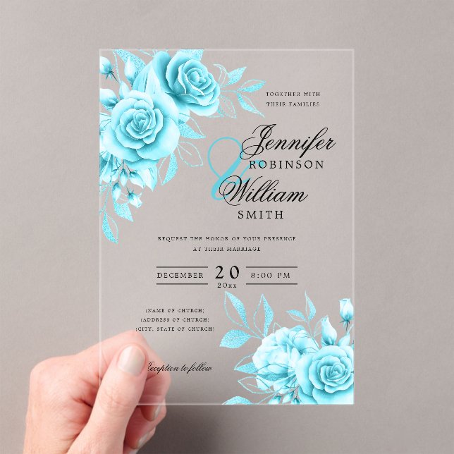 Invitaciones Acrílicas Elegante Boda Rosas Turquesa Tema Floral (Insitu (portátil))