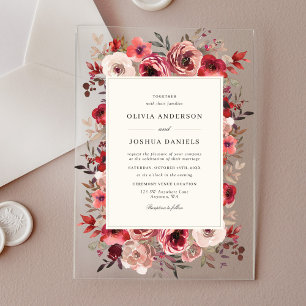 Invitaciones Acrílicas Elegante Boda Rustica Floral Roja