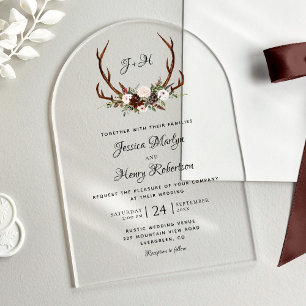 Invitaciones Acrílicas Elegante Boda Rústico Floral Antlers