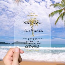 Invitaciones Acrílicas Elegante Boda Tropical Gold Palm Tree