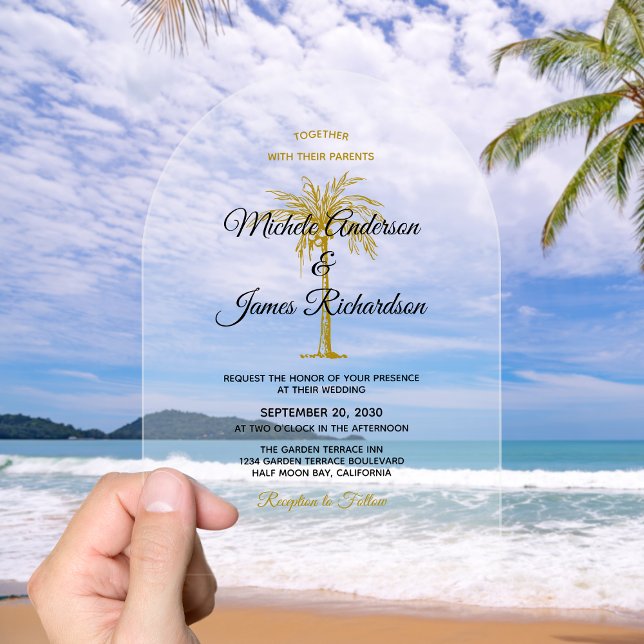 Invitaciones Acrílicas Elegante Boda Tropical Gold Palm Tree (Elegant Tropical Gold Palm Tree Wedding Acrylic Invitations)