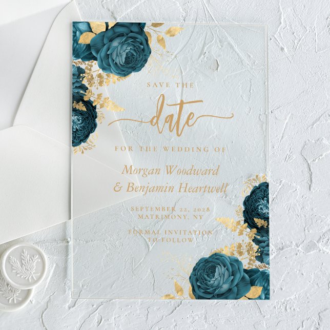 Invitaciones Acrílicas Elegante Boda Verde azulada con flores de oro salv (Subido por el creador)